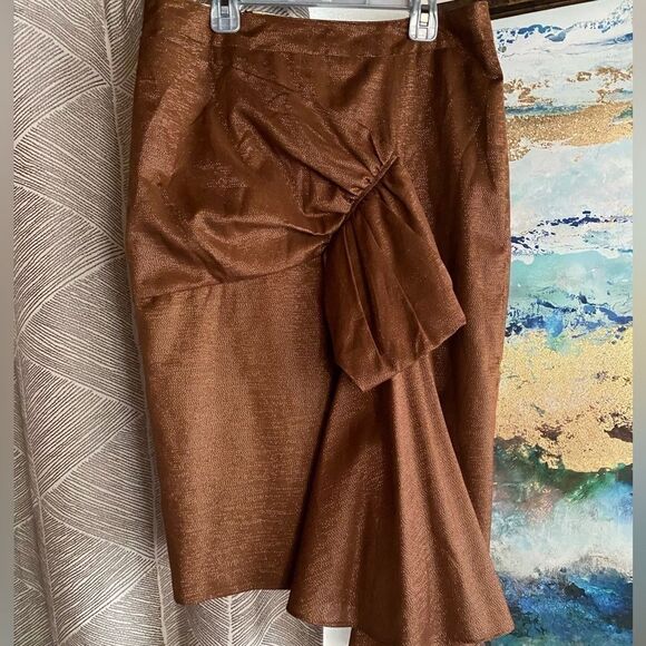 L.A.M.B. Skirt Women Sz  8  copper draped Bow Shimmer Gold Cotton Blend Straight - Picture 13 of 15